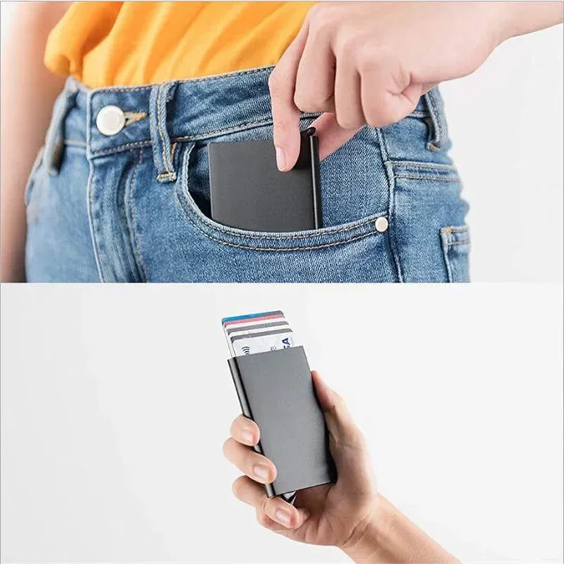 Rfid-Kreditkartenetui, Metall, dünn, schlank, intelligente Geldbörse, Herren- und Damen-Geldbörsen, Pop-Up, minimalistische kleine schwarze Geldbörse, Mini-Geldbörsen für Herren - Trendtroovee